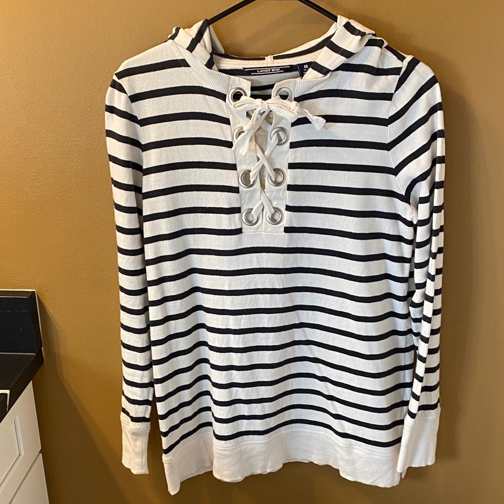 Lands' End Black and White Striped Lace-Up Hoodie